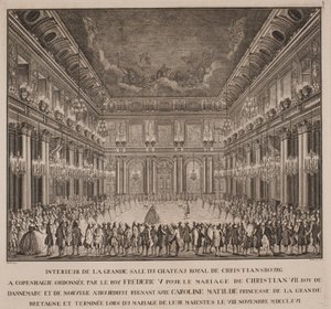Hovipallo Christiansborgin ritarisalissa Christian VII:n häissä Caroline Mathilden kanssa tekijältä Johannes Gottfred Bradt
