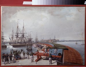 Näkymä Revaliin (nykyinen Tallinna (Tallinna), Virossa), satama ja Venäjän rannikon tykistö (Revalin näkymä, satama ja Venäjän rannikon tykistö). Johannes Haun (1771-1838) teos, akvarelli paperille tekijältä Johannes Hau