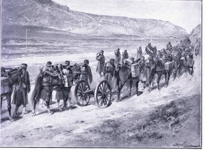 Kenttäasepatteri matkalla Ichoniin, kuvitus Cassellsin Venäjän ja Japanin sodan historiasta, osa 1, n. 1900