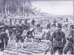 Japanilaiset insinöörit rakentamassa puutietä joukkoille, kuva Cassellsista Venäjän ja Japanin sodan historia, osa 1, n. 1900 tekijältä Johannes Hermann Barend Koekkoek