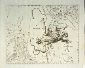 Boreaalinen Andromedan tähdistö, kaiverrus taivaan atlassta Firmamentum Sobiescianum sive Uronographia, Johann Hevelius (1611-1687), Gdansk tekijältä Johannes Hevelius