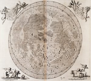 Ensimmäinen yksityiskohtainen Kuukartta, jonka Johann Hevelius piirsi vuonna 1647, vedos Johann Heveliuksen (1611-1687) taivaankartaasta Selenographia sive Lunae descriptio, Gdansk