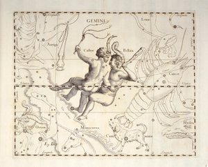 Kaksosten tähtikuvio, kaiverrus taivaallisesta atlassta Firmamentum Sobiescianum sive Uronographia, Johann Hevelius (1611-1687), Gdansk tekijältä Johannes Hevelius