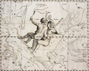 Kaksosten tähtikuvio, kuvitus Firmamentum Sobiescianum sive Uranographiasta, kirjoittanut Johann Hevelius (1611-1687), Gdansk 1690