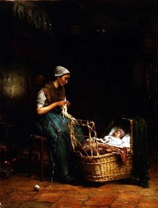 Äiti ja lapsi mökin sisustuksessa (katso myös 18091) tekijältä Johannes Jacobus Paling