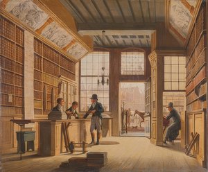 Der Laden des Buchhändlers Pieter Meijer Warnars am Vijgendam Amsterdamissa. 1820 tekijältä Johannes Jelgerhuis