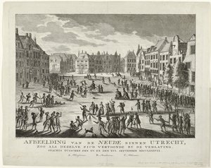 Patriotit lähtevät Neudesta Utrechtissa, 1787 Kuvaus Neudesta Utrechtissa sellaisena kuin se näytti, kun se hylättiin yöllä XV. ja XVI. Syyskuu MDCCLXXXVII (otsikko esineessä)