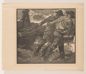 Työntekijöitä köysien kanssa rannalla tekijältä Johannes Josephus Aarts