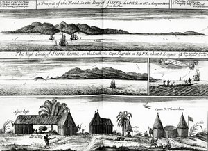 A Prospect of the Road in the Bay of Sierra Liona, esimerkki osasta 5 Awnsham ja John Churchillin teoksesta "A Collection of Voyages and Travels", julkaistu vuonna 1732