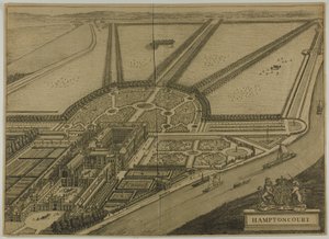 Hampton Court, levy kuusi Britannia Illustratasta tekijältä Johannes Kip