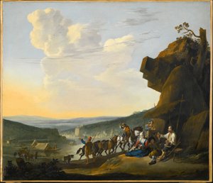 Saksa: Südliche Landschaft mit Fähre Eteläinen maisema, josta avautuu näkymä lahdelle ja jossa matkalaiset lepäävät. tekijältä Johannes Lingelbach