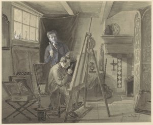Omakuva Johannes Marius van Katesta seisomassa ateljessaan vierailijan kanssa tekijältä Johannes Marius ten Kate