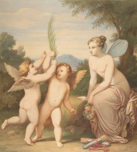 Eros ja Anteros psyyken kanssa katsomassa heitä, 1810-60. tekijältä Johannes Riepenhausen