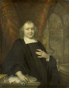 Muotokuva Gaspar Fagelista, Hollannin suuresta eläkeläisestä vuoden 1672 jälkeen taustalla on Hollannin valtioiden kokoussali Binnenhofissa Haagissa tekijältä Johannes Vollevens (I) (copy after)