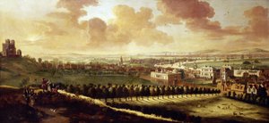 Näkymä Greenwichistä ja Lontoosta (Englanti) noin vuonna 1680, vasemmalla Kuninkaallinen observatorio, keskellä kuningattaren talo ja puistossa vapaana mölyäviä peuroja.