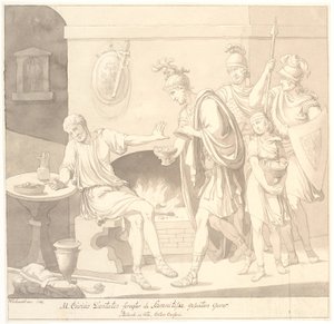 "M. Curius Dantatus foragter de Samnitiske Gesanters Gaver. / Plutach: in vita. Cato sensuuri."