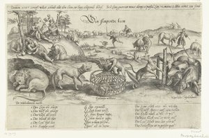 Nukkuva leijona, 1567 Nukkuva leijona (otsikko esineessä) Neljä allegoriaa vuosien 1576-1579 tapahtumista Alankomaissa (sarjan nimi) tekijältä Johannes Wierix (attributed to)