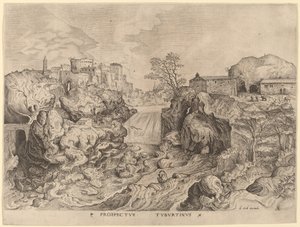 Prospektus Tyburtinus (näkymä Tiberistä) tekijältä Johannes and Lucas van Doetechum after Pieter Bruegel the Elder