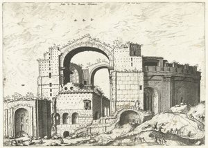 Gezicht op de Sint Pieter Roomassa Aedis D. Peter Romanan muodonmuutos (otsikko esineessä) Rooman rauniot, 1561 (sarjan nimi)