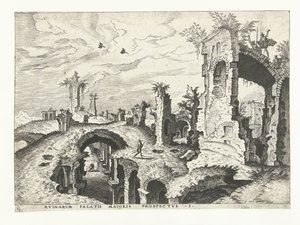 Näkymä raunioille Palatinuksen kukkulalla Roomassa Rooman rauniot, 1561 (sarjan nimi)