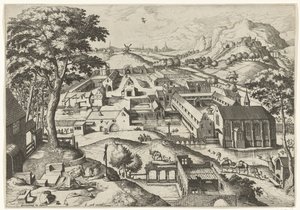 Maisema Saint Jerome kanssa hieronimus in deserto (otsikko esineessä) Maisemat kristillisillä tarinoilla (sarjan nimi) tekijältä Johannes of Lucas van Doetechum