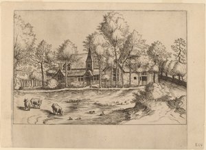 Maalaiskylä kirkon kanssa tekijältä Johannes van Doetechum, the Elder and Lucas