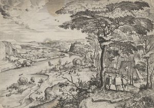 Matkalla Emmauksen maisemaan pyhiinvaeltajien kanssa Emmauksessa, n. 1555-56. Tekijät: Johannes van Doetecum I, Lucas van Doetecum. tekijältä Johannes and Lucas van Doetecum