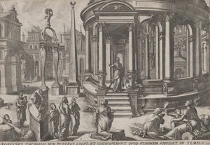 Zacharias Stepping out of the Temple, sarjasta Tapahtumat temppelissä ja sen ympäristössä,..., noin. 1572. Tekijät: Johannes van Doetecum I, Lucas van Doetecum. tekijältä Johannes and Lucas van Doetecum