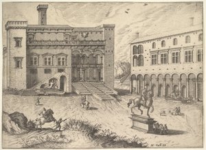 Näkymä Campidogliolle Capitoline-kukkulalla, hevospatsas oikeassa alakulmassa, edestä..., 1562.