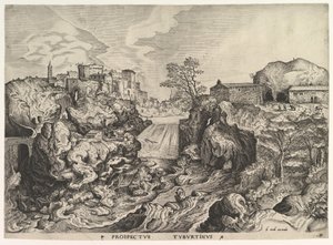 Näkymä Tiber Tivoli Prospektus Tyburtinukselle The Large Landscapesista, n. 1555-56.