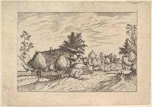 Village Street, heinää pinottu maatilan eteen Praediorum villarum et rusticar..., n. 1559-61. tekijältä Johannes van Doetecum I