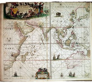 Van Keulenin teokseen "Great and Newly Enlarged Sea Atlas" sidottu kartta.