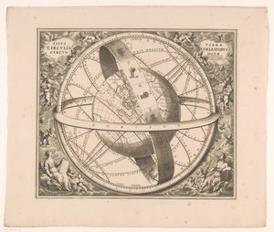 Hemelkaart van de aarde volgens het stelsel van Ptolemaeus Maan sijainti taivaallisten ympyröiden ympäröimänä (otsikko esineessä) tekijältä Johannes van Loon
