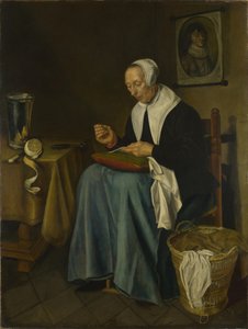 Vanhan naisen istuva ompelu, 1655 tekijältä Johannes van der Aeck