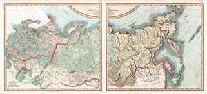 Kartta Venäjän valtakunnasta jaettuna sen hallituksiin Cary, Johnin (n. 1754-1835) puolesta. Etsaus, akvarelli tekijältä John (after) Cary