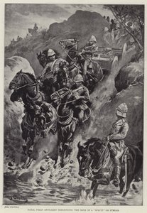 Natal Field Artillery laskeutuu "Spruit" tai -virran pankista (litho)