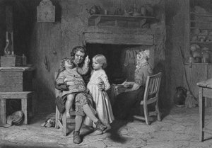 Kuvitus Robert Burnsin The Cottarin lauantai-iltaan, säe III (kaiverrus)