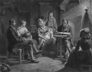 Kuvitus Robert Burnsin The Cottarin lauantai-iltaan, säe XII (kaiverrus)