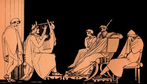 Odysseus itkee Demodokuksen laulua, Homeroksen Odysseia, Flaxmanin mukaan (painokuva).