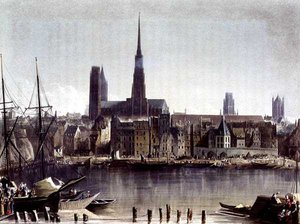 Näkymä Rouenista, teoksesta Views on the Seine, kaiverrus Thomas Sutherland (s.1785), julkaisija R. Ackermann (1764-1834) 1821 (värilitho)