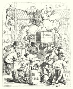 Tavaroiden saapuminen näytteillepantavaksi vuoden 1851 suureen näyttelyyn, Crystal Palace, Hyde Park, Lontoo (kaiverrus) tekijältä John (after) Gilbert