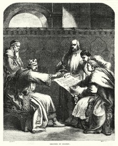 Kuningas John kieltäytyi allekirjoittamasta Magna Chartaa Oxfordissa vuonna 1215 (kaiverrus) tekijältä John (after) Gilbert