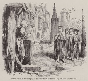 Martin Luther, kun poika lauloi Eisenachin kaduilla (kaiverrus) tekijältä John (after) Gilbert