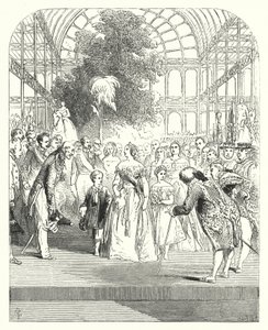 Kuningatar Victoria ja hänen lapsensa vierailemassa suuressa näyttelyssä 1851, Crystal Palace, Hyde Park, Lontoo (kaiverrus) tekijältä John (after) Gilbert