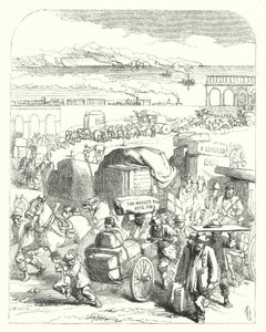 Laivat ja junat tuovat kävijöitä vuoden 1851 suureen näyttelyyn, Crystal Palace, Hyde Park, Lontoo (kaiverrus) tekijältä John (after) Gilbert