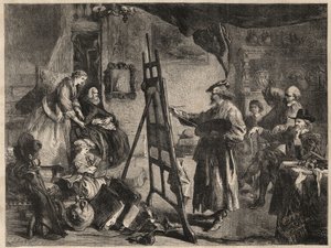 REMBRANDTIN STUDIO - kaiverrus J. Gilbertin maalauksen jälkeen - l