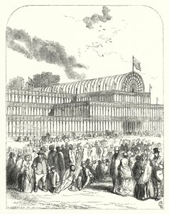 Crystal Palace Hyde Parkissa Lontoossa, vuoden 1851 suuren näyttelyn paikka, suunnitteli Joseph Paxton ja Charles Fox (kaiverrus)