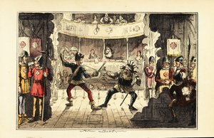 Näyttelijät, jotka esittävät Henry Tudoria taistelemassa Englannin kuningas Richard III:ta vastaan teatterin lavalla tekijältä John (after) Leech
