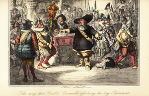 Oliver Cromwell poistaa nuijan alahuoneesta ja hajottaa Rump-parlamentin vuonna 1653 tekijältä John (after) Leech