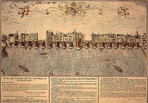 Näkymä London Bridgelle idästä länteen, uusintapainos vuoden 1624 kaiverruksesta tekijältä John (after) Norden